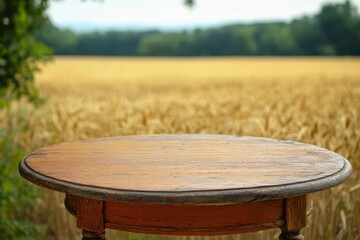 Fototapeta premium Rustic golden table in a countryside, blurred wheat fields background, rural elegance