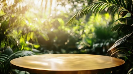 Fototapeta premium Round golden table in a botanical garden, blurred exotic plants background, luxurious tranquility