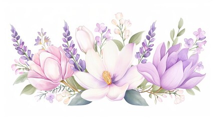 Fototapeta premium Magnolia and lavender bouquet, garden arrangement element, watercolor illustration, pastel colors, isolated on white background