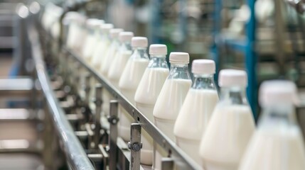 Obraz premium Milk Bottling Process in a Modern Dairy Production Line with Focus on Milk Bottles in a Row