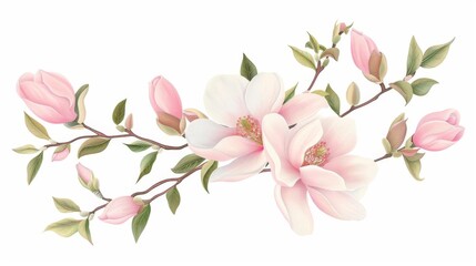 Fototapeta premium Magnolia flower bouquet, garden arrangement element, vintage botanical illustration, delicate hues, isolated on white background