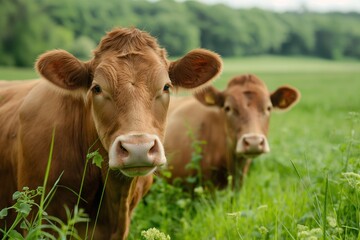 Close-up of a brown cow with a blurred second cow in the background, both grazing in a green field.