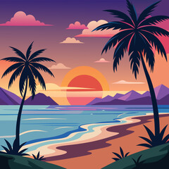A serene beach at sunset art vector illustration