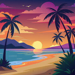 A serene beach at sunset art vector illustration