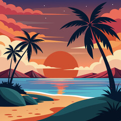 A serene beach at sunset art vector illustration