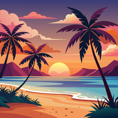 A serene beach at sunset art vector illustration