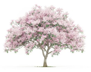 Obraz premium Magnolia tree in full bloom, garden arrangement element, photorealistic, soft pinks and greens, isolated on white background