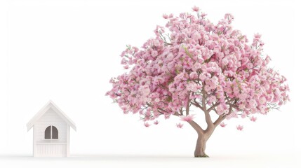 Obraz premium Magnolia tree with birdhouse, garden decor element, photorealistic, natural colors, isolated on white background