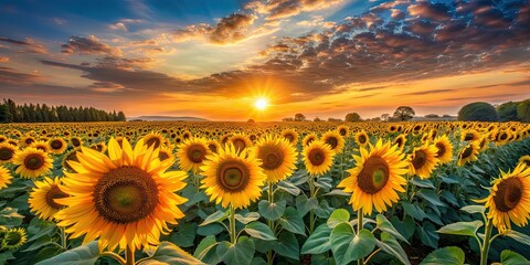 Vibrant sunflower field under setting sun, sunflowers, field, sunset, nature, yellow, vibrant, bright, sun, outdoors, agriculture