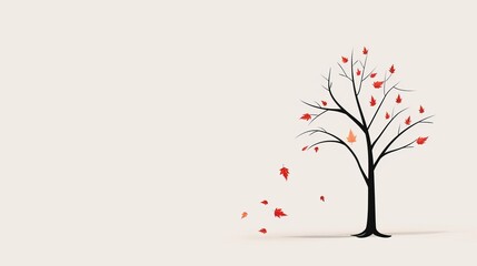 Minimalist tree dropping leaves, drawn in a clean, basic 2D vector illustration, simplistic and uncluttered, highlighting the essence of fall