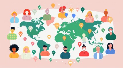 Naklejka premium Virtual cultural conference, global ideas exchange, flat design illustration