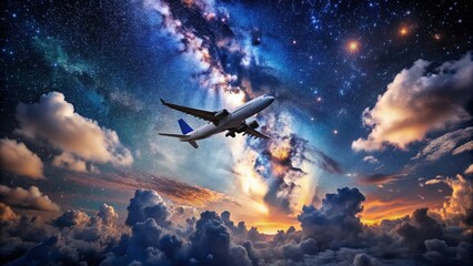 Fototapeta premium Wide angle shot of airplane flying through starry night sky with clouds, airplane, night, stars, clouds, flying