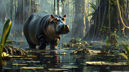 Hippopotamus in a Misty Swamp.