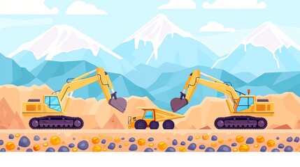 Fototapeta premium Automated mining operations, hightech machinery, flat design illustration