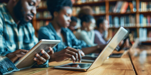 A group of students sitting in a library and using technology like tablets and laptops to study.
