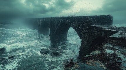 Side view of a broken bridge under dark clouds, with a gritty, hopeless theme. Cinematic style, ideal for an album cover.