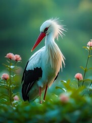 Fototapeta premium A white bird standing on top of a lush green field