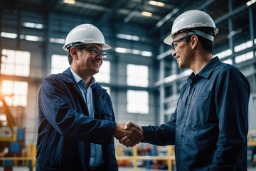 Engineer shaking hands with project manager in modern industrial factory, talking about new production project