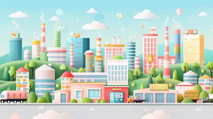 Urban industrial zone, hightech machinery, flat design illustration