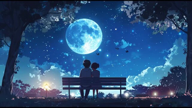 lo-fi of an anime cute young couple sitting on a bench in a public park looking at the moon