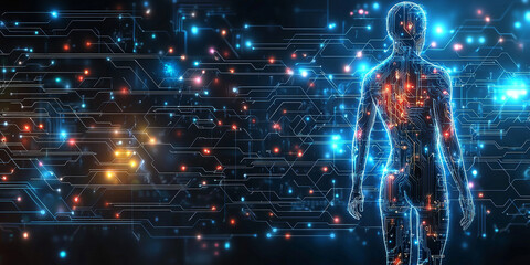 Abstract digital data streams on a dark blue background, conveying the concept of big data and cloud technology