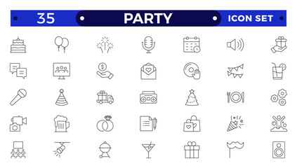 Party line icon set. Included icons as celebrate, celebration, dancing, music, congrats and more.Party, celebration, anniversary elements - thin line web icon set. Outline icons collection.