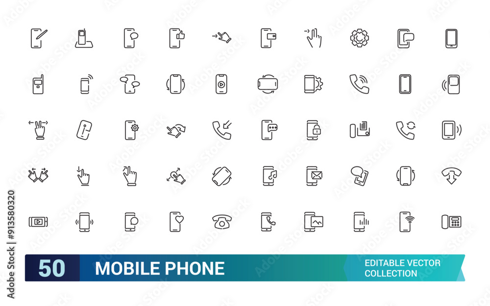 Wall mural mobile phone and smartphone icon set. collection and pack of linear web and ui icons. editable strok