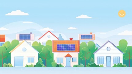 Fototapeta premium Energyefficient homes, suburban neighborhood with solar panels, flat design illustration
