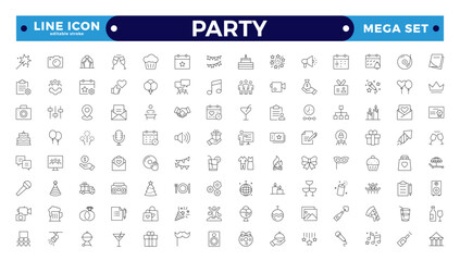 Party line icon set. Included icons such as celebrate, celebration, dancing, music, congrats, and more: Party, festival, anniversary elements - thin line web icon set. Editable stroke outline icon.