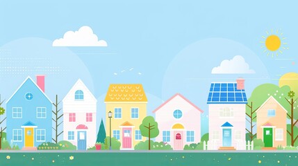 Obraz premium Energyefficient homes, suburban neighborhood with solar panels, flat design illustration