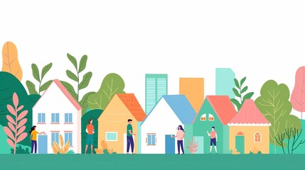 Fototapeta premium Green community, neighbors sharing resources, flat design illustration