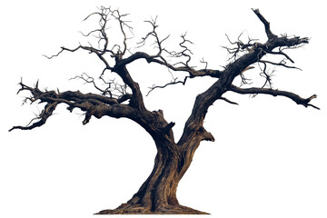 black dried old spooky dead tree branch isolated on transparent white background. cut out