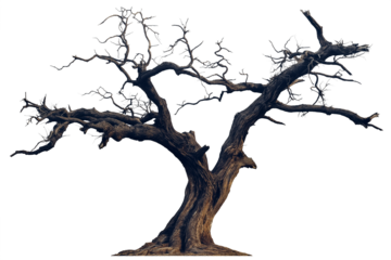 black dried old spooky dead tree branch isolated on transparent white background. cut out