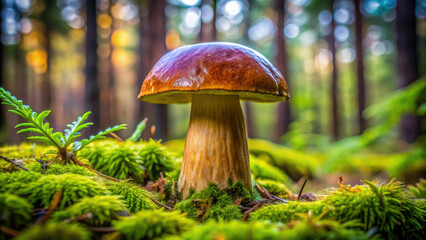Fototapeta premium boletus in the autumn forest against the background of trees, yellow foliage, leaves, phallus, nature, wood, plant, mycelium, porcini mushroom, edible, brown, close-up, trunks, pine trees