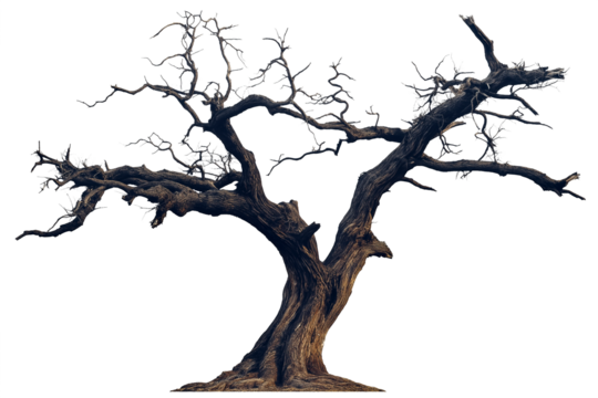 black dried old spooky dead tree branch isolated on transparent white background. cut out