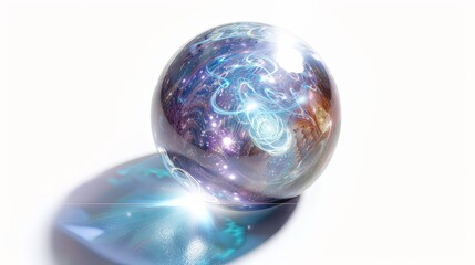 A crystal orb emitting a radiant light and swirling magical symbols, isolated on a pure white background to capture its enchanting and spellbinding nature.