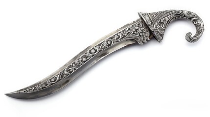 A decorative saber with a curved blade and an intricate hilt design, set against a white background to highlight its ornate and ceremonial features.