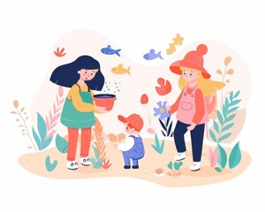 Conservation education, children learning about ecosystems, flat design illustration