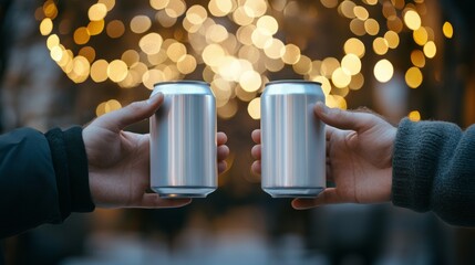 Two men holding empty 330ml white aluminum soda cans in an outdoor restaurant. This photo was taken from a side view with a bokeh effect in the background, creating a relaxed and friendly atmosphere.
