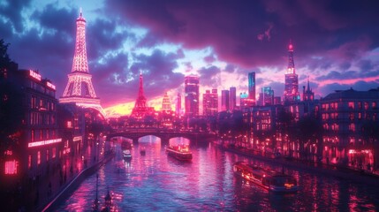 Obraz premium A 3D blender neon render of a futuristic cityscape featuring glo