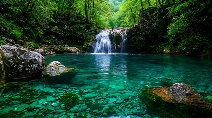 Cascading water weaves through lush green forest, creating a serene natural masterpiece