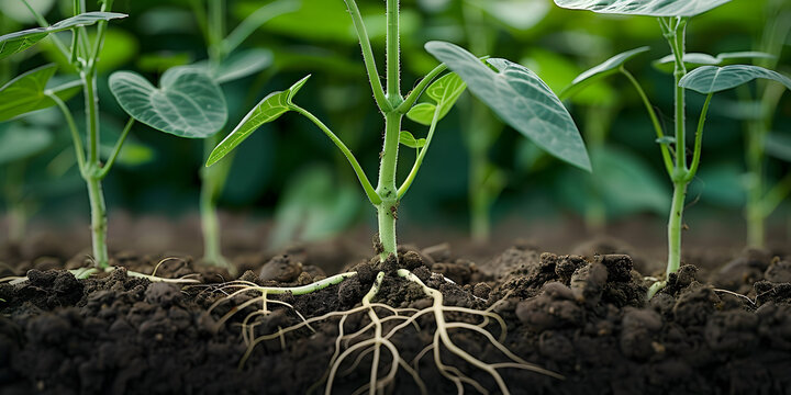 Roots of green soybean plants thriving in soil. Concept Green Soybeans, Plant Growth, Agriculture, Organic Farming, Soil Health