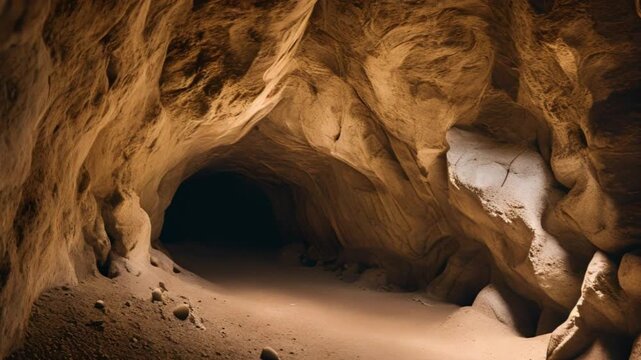 Entrace of dark lava tunnel cave, Dark Scary Stone Tunnel, Light at the end of the round cave, Looped video, Big natural cave in the mountains, Travel and nature, footage, 4k footage, videos