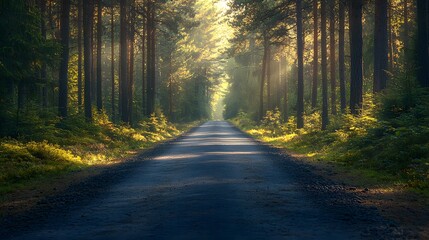 Obraz premium Sun-Kissed Pathway Journey Through a Serene Pine Forest