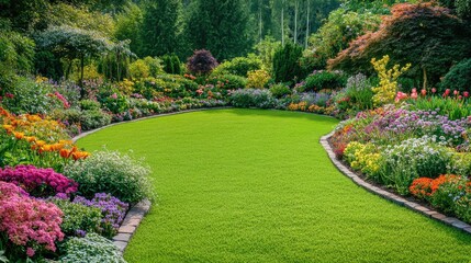 Backyard with a lush lawn, colorful flower beds, and a garden path. Ideal for beautiful garden designs and landscaping.