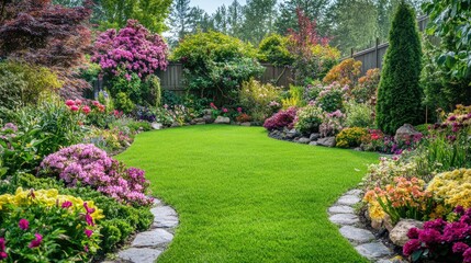 Backyard with a lush lawn, colorful flower beds, and a garden path. Ideal for beautiful garden designs and landscaping.