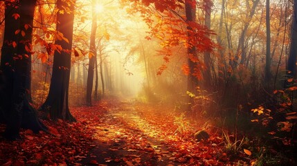 Fototapeta premium A path through a forest is covered in fallen leaves, the sun shines through the trees, creating a misty, golden glow.