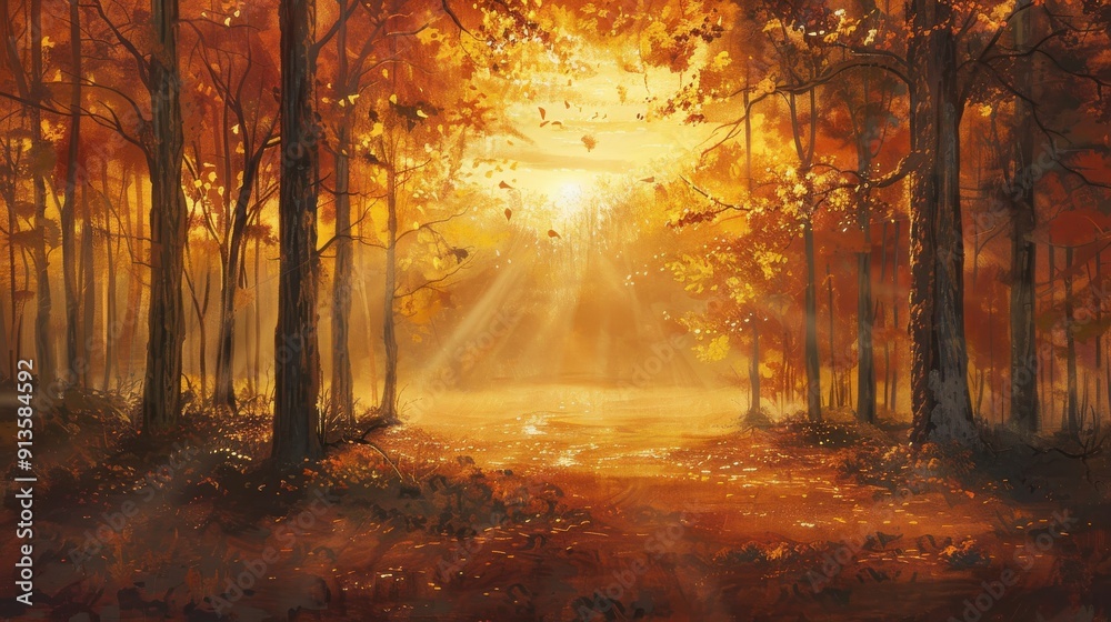 Poster the sun shines through the trees in a dense forest, casting golden rays onto the path below. the lea