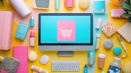 Flat lay of a computer screen with an online shop, surrounded by products, no hands visible. Perfect for e-commerce and online marketing