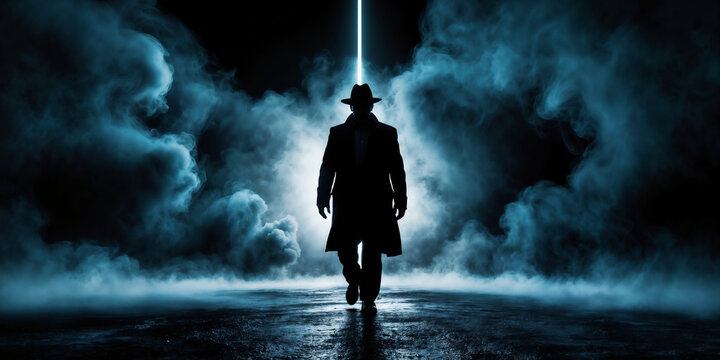 Enigmatic Silhouette: Mystery Light Illuminates Noir Detective Man in Black Dream